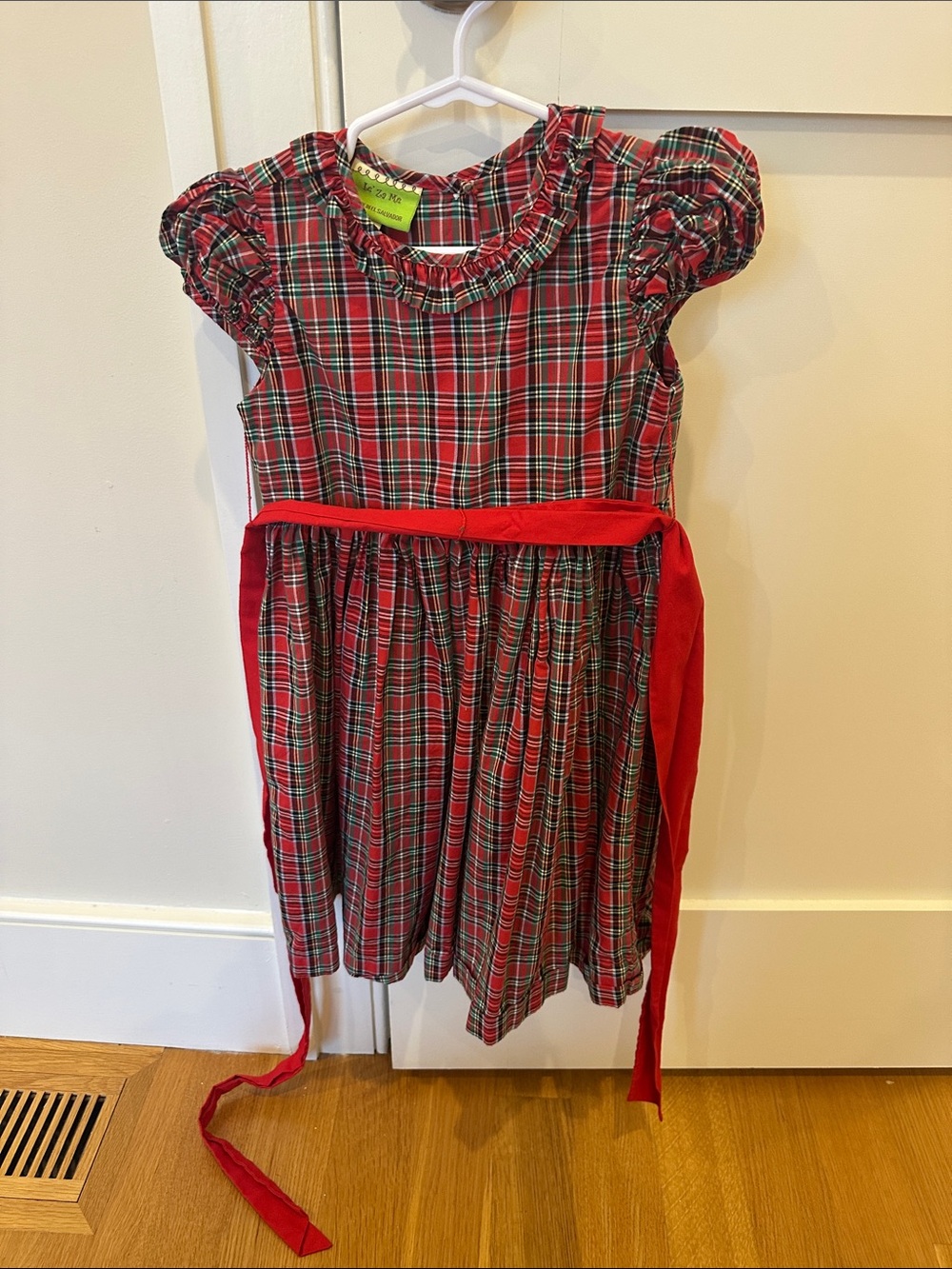 Girls' Red Plaid Holiday Dress with Red Sash